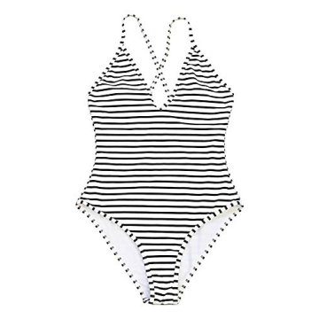 CUPSHE Women's One Piece Swimsuit Striped Scoop Neck Cross Back Beach Swimwear Bathing Suits L