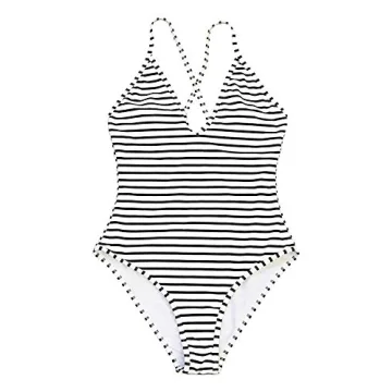 CUPSHE Women's One Piece Swimsuit Striped Scoop Neck Cross Back Beach Swimwear Bathing Suits L