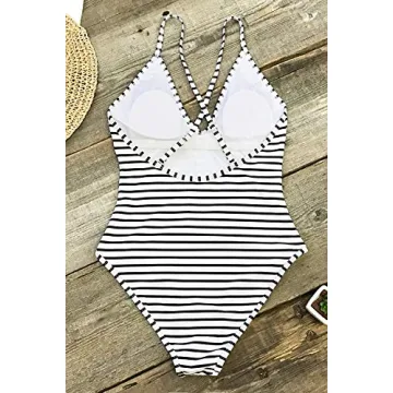 CUPSHE Women's One Piece Swimsuit Striped Scoop Neck Cross Back Beach Swimwear Bathing Suits L