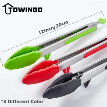 12" Kitchen Tongs, 3Pcs Tongs for Cooking with Silicone Tips, Food Grade Small Silicone Tongs, Mini Serving Tongs for BBQ Salad(Black,Red,Green)