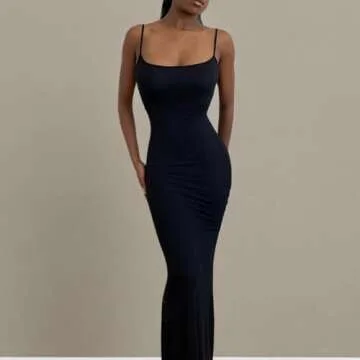 Women Bodycon Maxi Slip Dress Summer Sleeveless Strappy Backless Evening Party Long Dress (01-Black, Small)