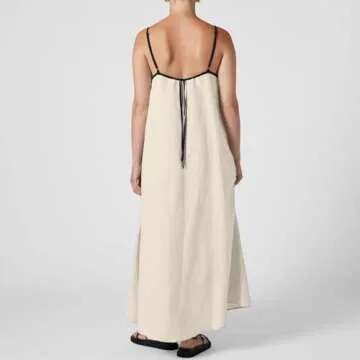 Generic Womens Linen Maxi Dress Contrast Trim Spaghetti Straps Sleeveless Long Dress Summer Travel Vacation (Z02-Khaki, S), Small