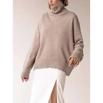 YKR Women's Turtleneck Sweater Chunky Long Sleeve Knitted Pullover High Low Hem Sweater 2024 Fall Winter Sweater Jumper Top Khaki L