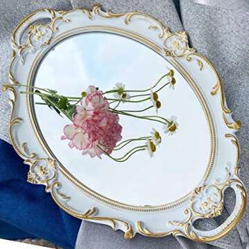 Schonee Oval Vintage Decorative Mirror Tray, Jewelry Dresser Organizer Tray, Cosmetics Makeup Storage Organizer, Serving Tray (9.8”x 14.6”) White
