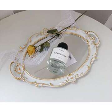 Schonee Oval Vintage Decorative Mirror Tray, Jewelry Dresser Organizer Tray, Cosmetics Makeup Storage Organizer, Serving Tray (9.8”x 14.6”) White