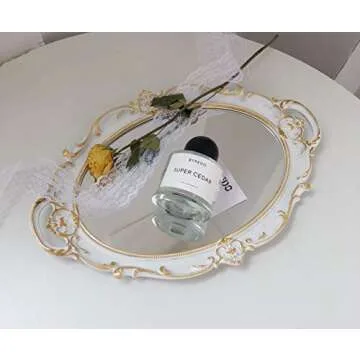 Schonee Oval Vintage Decorative Mirror Tray, Jewelry Dresser Organizer Tray, Cosmetics Makeup Storage Organizer, Serving Tray (9.8”x 14.6”) White