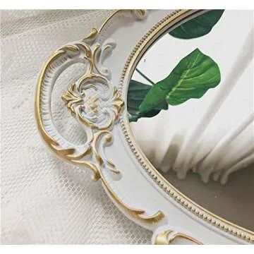 Schonee Oval Vintage Decorative Mirror Tray, Jewelry Dresser Organizer Tray, Cosmetics Makeup Storage Organizer, Serving Tray (9.8”x 14.6”) White