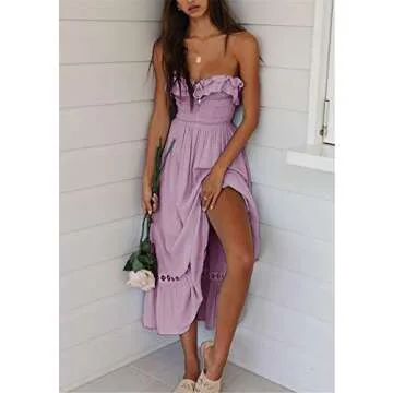 SAUKOLE Women's Summer Sleeveless Strapless Ruffle Off The Shoulder Smocked Swing Cocktail Party Dress Purple