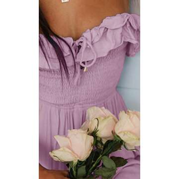 SAUKOLE Women's Summer Sleeveless Strapless Ruffle Off The Shoulder Smocked Swing Cocktail Party Dress Purple