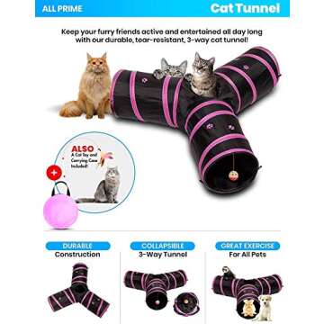 All Prime Cat Tunnel - Also Included is a ($5 Value) Interactive Cat Toy - Toys for Cats - Cat Tunnels for Indoor Cats - Cat Tube - Collapsible 3 Way Pet Tunnel - Great Toy for Cats & Rabb (Pink)