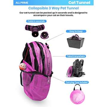 All Prime Cat Tunnel - Also Included is a ($5 Value) Interactive Cat Toy - Toys for Cats - Cat Tunnels for Indoor Cats - Cat Tube - Collapsible 3 Way Pet Tunnel - Great Toy for Cats & Rabb (Pink)
