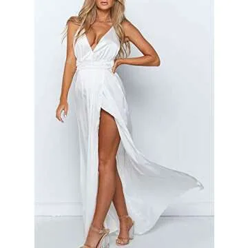 Yimeili Women's Sexy Satin V Neck Backless Dress - Long Maxi Cocktail Party Dress (XL, White)