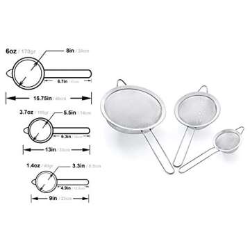 Proto Future Strainer Set Fine Mesh – Premium 304 Stainless Steel (18/8) – 3.3″, 5.5″ and 8″ Sturdy Kitchen Strainers (Silver)