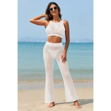 Pink Queen Women's Summer Outfit Set 2 Piece Knit Tank Top Beach Cover up Pants White White M