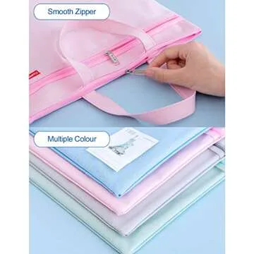 pendancy Mesh Zipper Pouch 11x13.7 in, Large Double Pocket Waterproof File Bag with Handle, A4 Size Foldable Document Storage for Puzzle Project/Cross Stitch/Travel/Office（Pink）