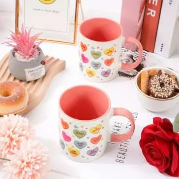 Whaline 2Pcs Valentine Couple Mug Set Conversation Heart Coffee Mugs Colorful Heart Saying Mugs for Anniversary Wedding Engagement Couple Gifts, 12oz