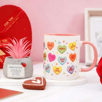 Whaline 2Pcs Valentine Couple Mug Set Conversation Heart Coffee Mugs Colorful Heart Saying Mugs for Anniversary Wedding Engagement Couple Gifts, 12oz