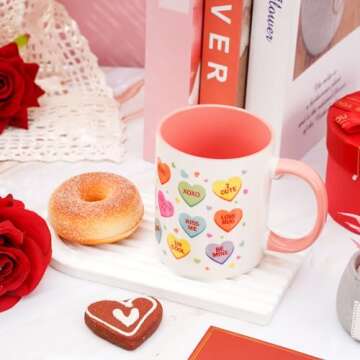 Whaline 2Pcs Valentine Couple Mug Set Conversation Heart Coffee Mugs Colorful Heart Saying Mugs for Anniversary Wedding Engagement Couple Gifts, 12oz