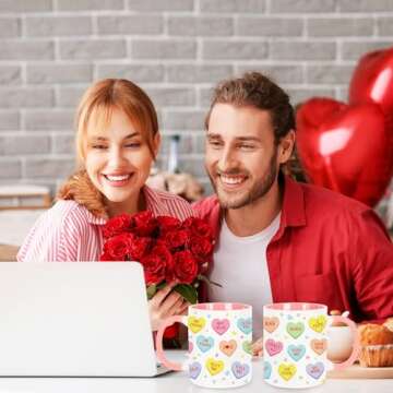 Whaline 2Pcs Valentine Couple Mug Set Conversation Heart Coffee Mugs Colorful Heart Saying Mugs for Anniversary Wedding Engagement Couple Gifts, 12oz
