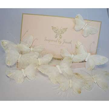 Inspired by Jewel Butterfly Wall Decorations Premium Quality Real Feather 3D Wall Decals Girls Bedroom | Stunning Gold Glitter Decor Stickers All Rooms & Nursery Sets | 10 Adhesive Pieces