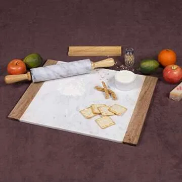 Creative Home Natural Marble with Mango Wood 18" x 9" Handled 16" x 20" Pastry Board Set, 18" L x 9" W x 5/8" H, 16" L x 20" W x 5/8" H, Off-White (patterns may vary)