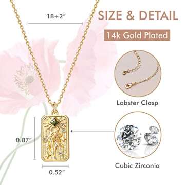 Youvelst Poppy Birth Month Flower Necklace 14K Gold Plated Birth Floral Pendant Dainty Disc Coin Birthday Jewelry Gift for Her Stamped Flower Cute Birthstone Necklace Personalized Pendant for Women