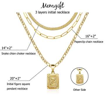 Memgift Womens Layered Necklaces Dainty Trendy Paperclip Snake Choker Gold Filled Stainless Steel Figaro Chain Layered Necklaces Jewelry Gifts Square Pendant Letter Z