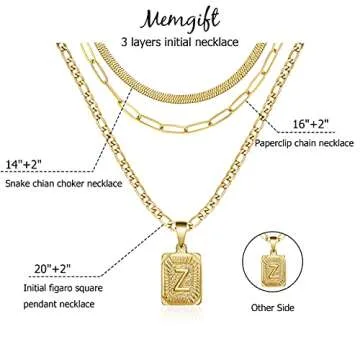 Memgift Womens Layered Necklaces Dainty Trendy Paperclip Snake Choker Gold Filled Stainless Steel Figaro Chain Layered Necklaces Jewelry Gifts Square Pendant Letter Z