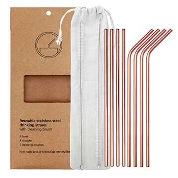YIHONG Set of 8 Stainless Steel Metal Straws 8.5'' Reusable Drinking Straws for 20oz Tumblers Yeti 6mm Diameter Rose Gold (4 Straight + 4 Bent + 2 Brushes)