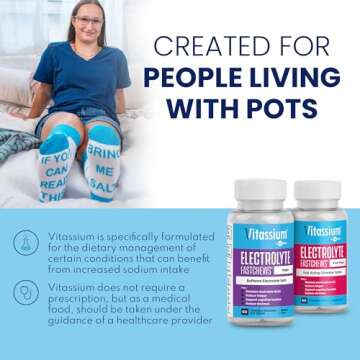 Vitassium FastChews, Chewable Electrolyte Tablets for Management of POTS and High Sodium Diets, Fast-Acting Sodium Tablets, Fruit Punch, 60 Count