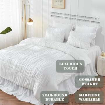 Queen Comforter Set - White Boho Shabby Chic Bedding - Fluffy 3 Piece Ruffle Comforter Set with Pillow