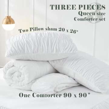 Queen Comforter Set - White Boho Shabby Chic Bedding - Fluffy 3 Piece Ruffle Comforter Set with Pillow