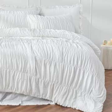 Queen Comforter Set - White Boho Shabby Chic Bedding - Fluffy 3 Piece Ruffle Comforter Set with Pillow