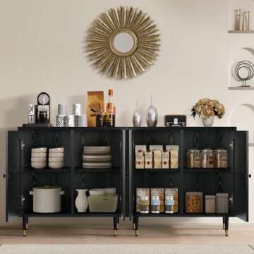 Black Sideboard Buffet Cabinet with Handmade Natural Rattan Doors, Rattan Accent Cabinet Kitchen Storage Cabinet with Adjustable Shelves, Modern Entryway Cabinet Console Table for Living, Set of 2