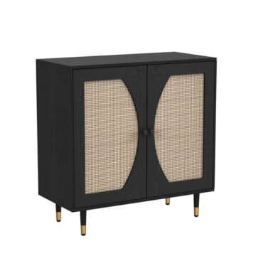 Black Sideboard Buffet Cabinet with Handmade Natural Rattan Doors, Rattan Accent Cabinet Kitchen Storage Cabinet with Adjustable Shelves, Modern Entryway Cabinet Console Table for Living, Set of 2