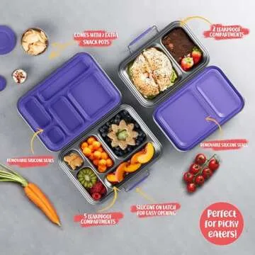 AOHEA Stainless Steel Bento Box Kids, Kids Metal Bento Lunch Box BPA Free Lunch Box Containers 304 Stainless Steel Bento Box for School and Office(Purple)