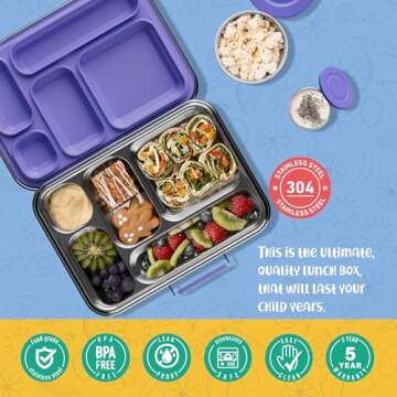 AOHEA Stainless Steel Bento Box Kids, Kids Metal Bento Lunch Box BPA Free Lunch Box Containers 304 Stainless Steel Bento Box for School and Office(Purple)