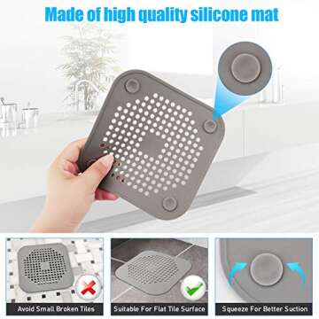 Square Drain Cover for Shower 5.7-inch TPR Drain Hair Catcher Flat Silicone Plug for Bathroom and Kitchen Filter Shower Drain Protection Flat Strainer Stopper with Suction Cups 2 Pack (Grey)