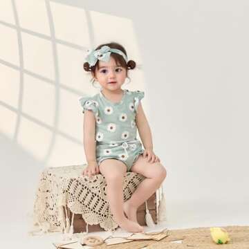 Hnyenmcko Newborn Baby Girl Clothes Daisy Print Fly Sleeve Romper Ruffle Bloomer Shorts Headband Set...