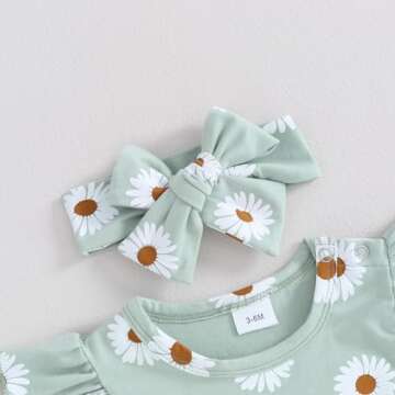 Hnyenmcko Newborn Baby Girl Clothes Daisy Print Fly Sleeve Romper Ruffle Bloomer Shorts Headband Set Infant Summer Outfits (A-Green, 12-18 Months)