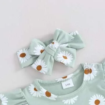 Hnyenmcko Newborn Baby Girl Clothes Daisy Print Fly Sleeve Romper Ruffle Bloomer Shorts Headband Set Infant Summer Outfits (A-Green, 12-18 Months)