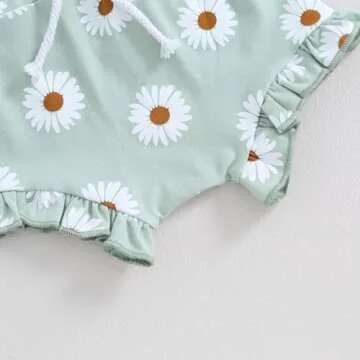 Hnyenmcko Newborn Baby Girl Clothes Daisy Print Fly Sleeve Romper Ruffle Bloomer Shorts Headband Set Infant Summer Outfits (A-Green, 12-18 Months)