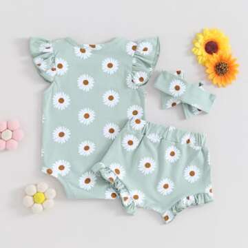 Hnyenmcko Newborn Baby Girl Clothes Daisy Print Fly Sleeve Romper Ruffle Bloomer Shorts Headband Set Infant Summer Outfits (A-Green, 12-18 Months)