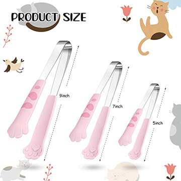 3 Pieces Cat Tongs 9, 7, 5 Inch Cute Cat Paw Shape Tongs Stainless Steel Kitchen Tongs for Cooking, ...