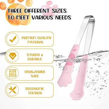 3 Pieces Cat Tongs 9, 7, 5 Inch Cute Cat Paw Shape Tongs Stainless Steel Kitchen Tongs for Cooking, Pink Kawaii Kitchen Accessories