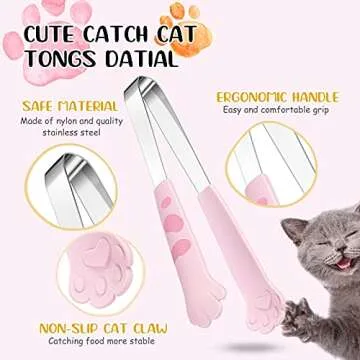 3 Pieces Cat Tongs 9, 7, 5 Inch Cute Cat Paw Shape Tongs Stainless Steel Kitchen Tongs for Cooking, Pink Kawaii Kitchen Accessories