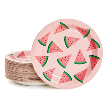 BLUE PANDA 80 Pack Pink Watermelon Paper Plates for Summer Baby Shower, 1st Birthday, One in a Melon...