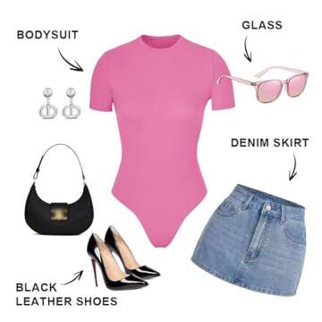 SHAPERX Women's Fit Everybody Bodysuit Soft Crew Neck T-shirt Body Suits with Thong Design, SZ5249-P...