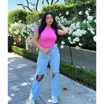 SHAPERX Women's Fit Everybody Bodysuit Soft Crew Neck T-shirt Body Suits with Thong Design, SZ5249-Pink-M