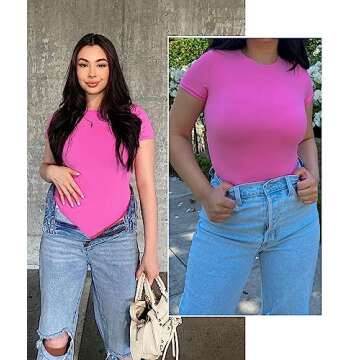 SHAPERX Women's Fit Everybody Bodysuit Soft Crew Neck T-shirt Body Suits with Thong Design, SZ5249-Pink-M